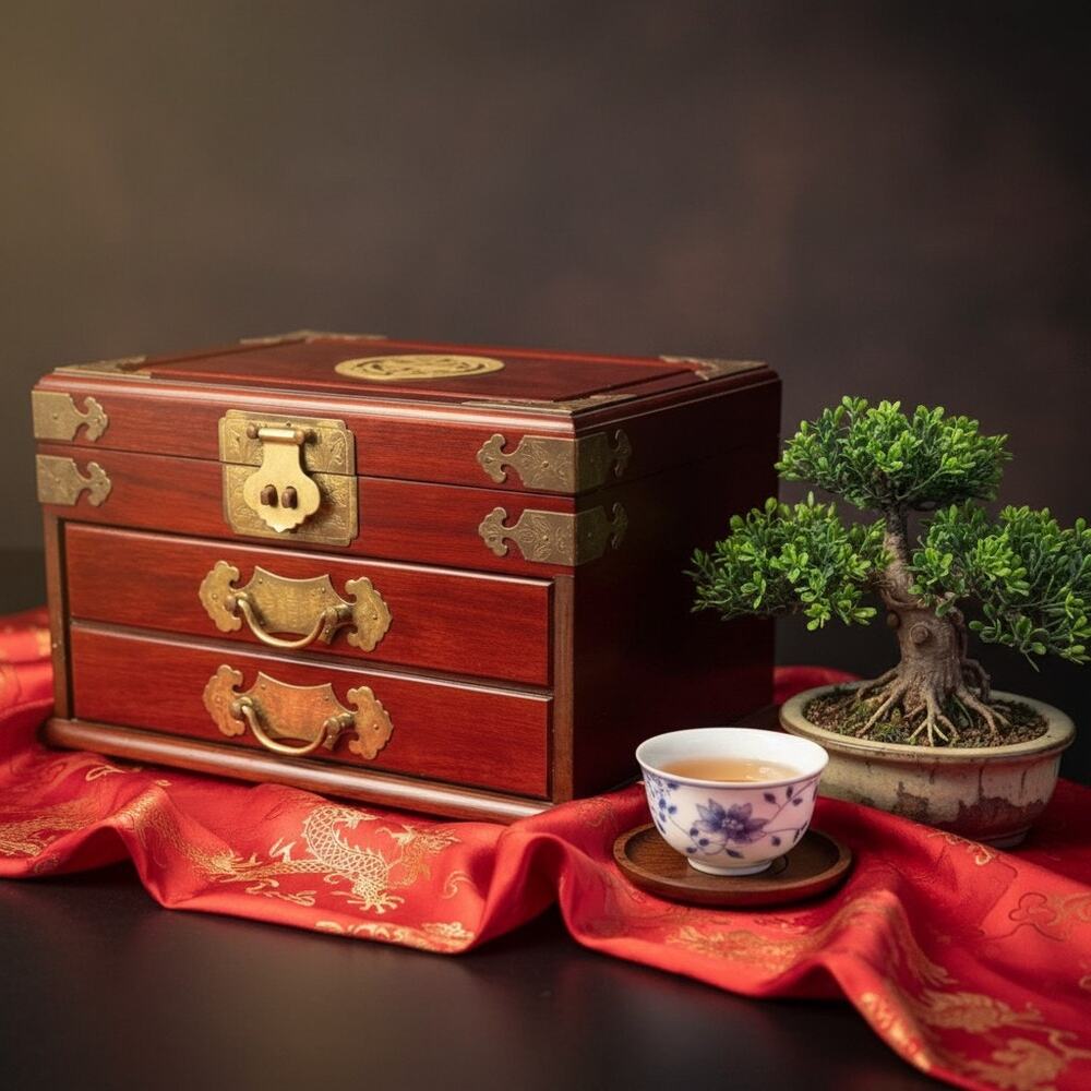 Chinese Rosewood Jewelry Box-Brass Hardware-Silk Lined-Trinket Chest-Asian-Decor